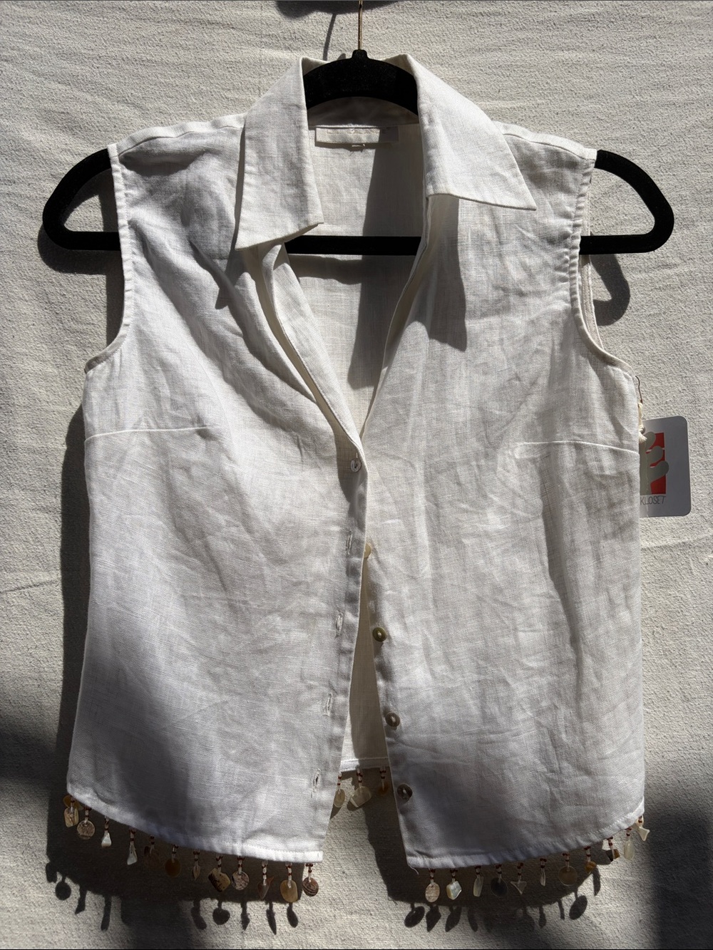 Women’s White Sleeveless Button Linen Top with Beaded Fringe